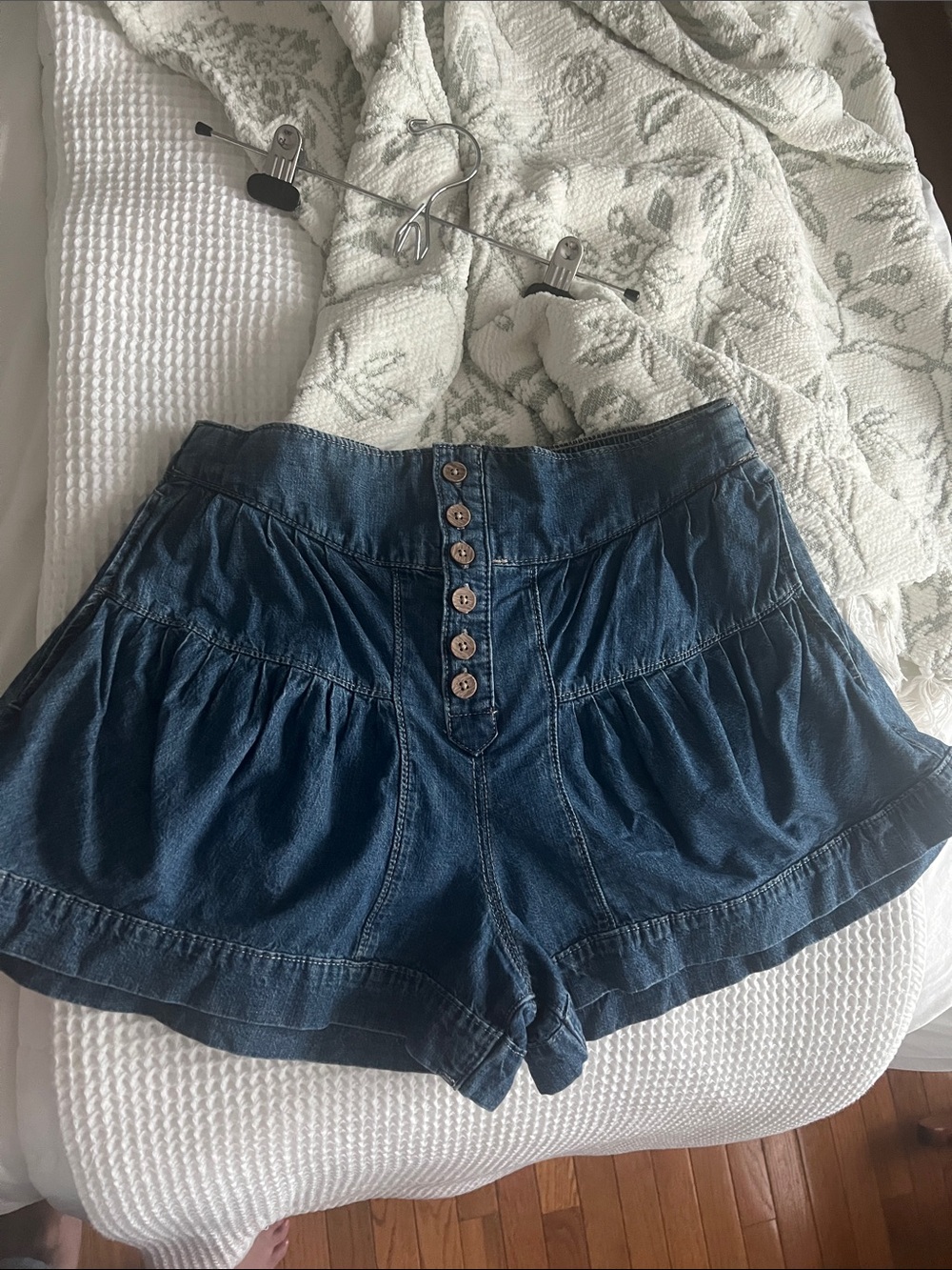 Free People Dark Blue Button-Front Denim Shorts